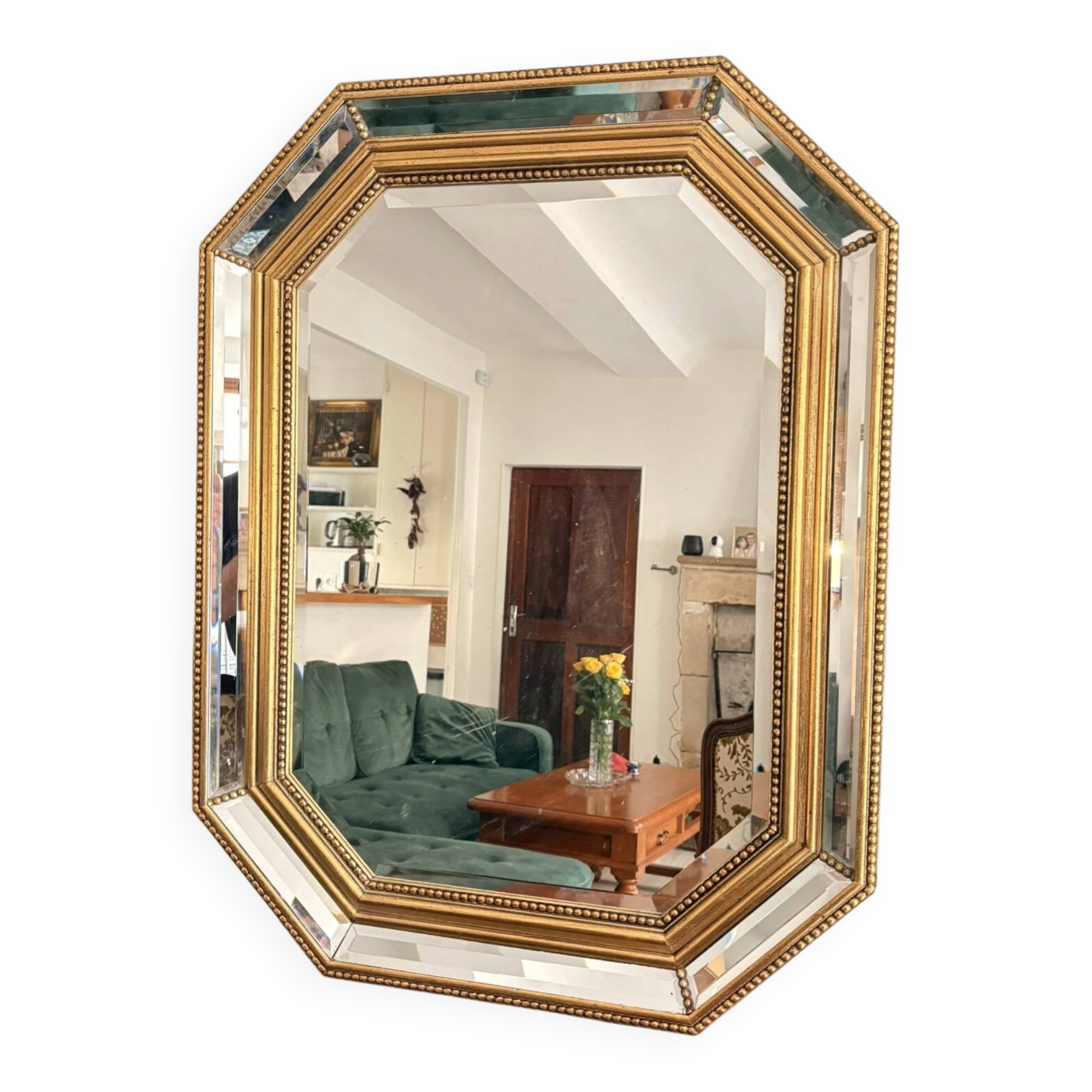 Octagonal mirror with bevelled parcloses, Neo-Classical Regency Art style.