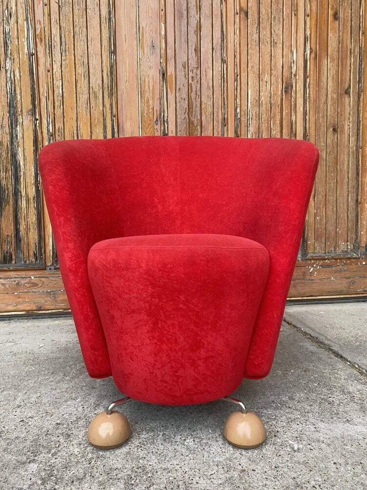 Vintage red cocktail chair in fabric, light wood ball feet - 1950s