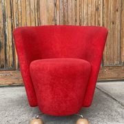 Vintage red cocktail chair in fabric, light wood ball feet - 1950s