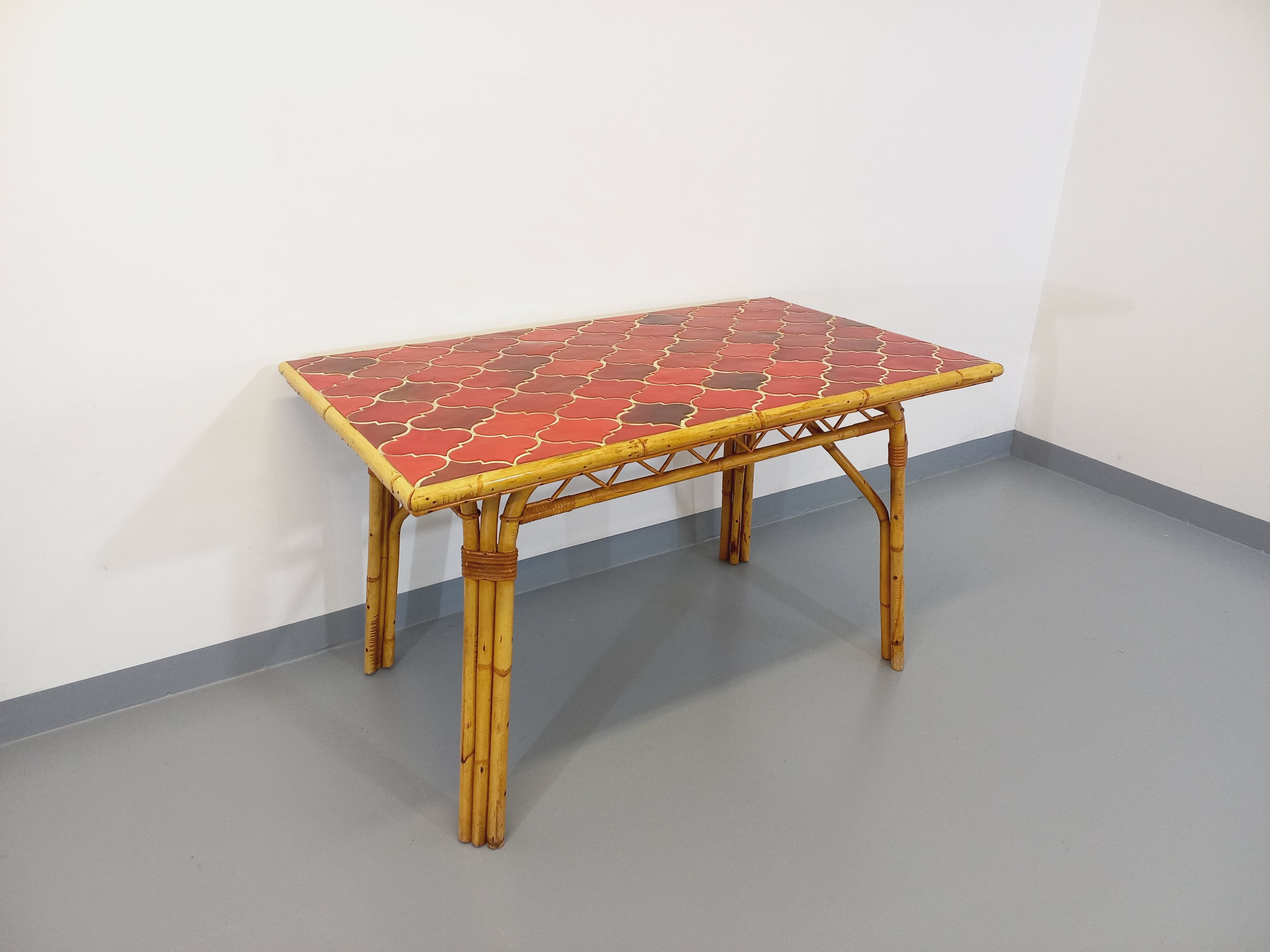 Vintage dining table in rattan and ceramic from Vallauris from the 50s and 60s