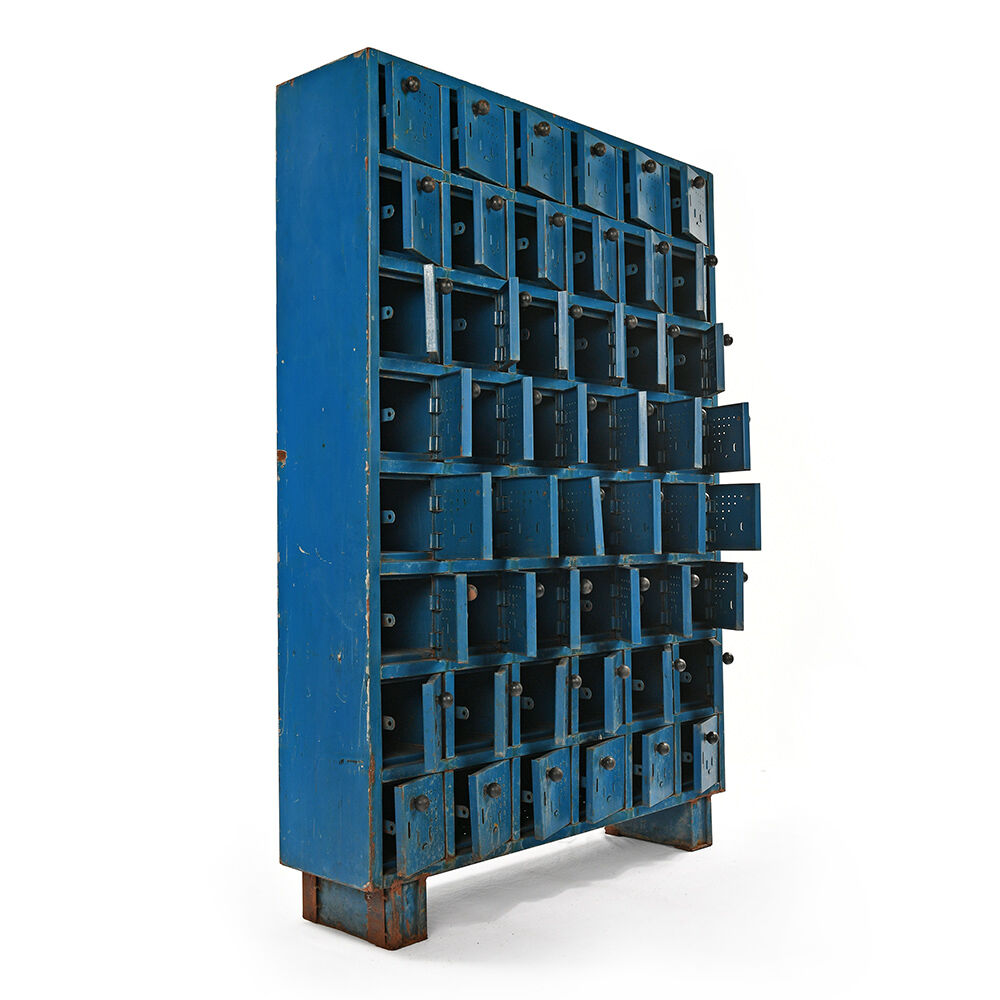 Blue metal workshop furniture with 48 bins