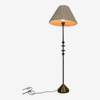 Danish vintage brass and teak floorlamp with wool shade 1960s