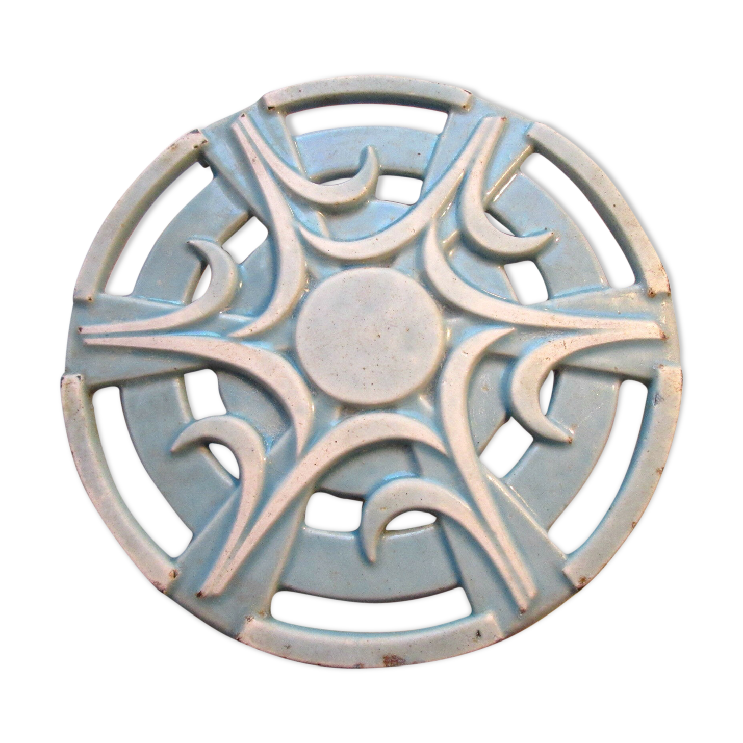 Art deco flat bottom blue and white star enamelled cast