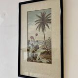 Vintage Print of Lotus Flower and Palm Tree Black Frame
