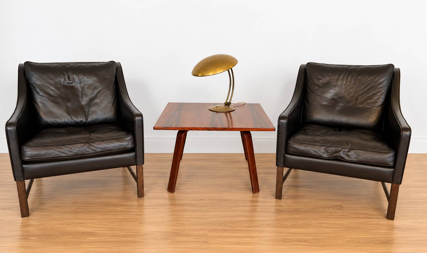Fredrik Kayser mid-century leather & rosewood lounge chairs – brown leather