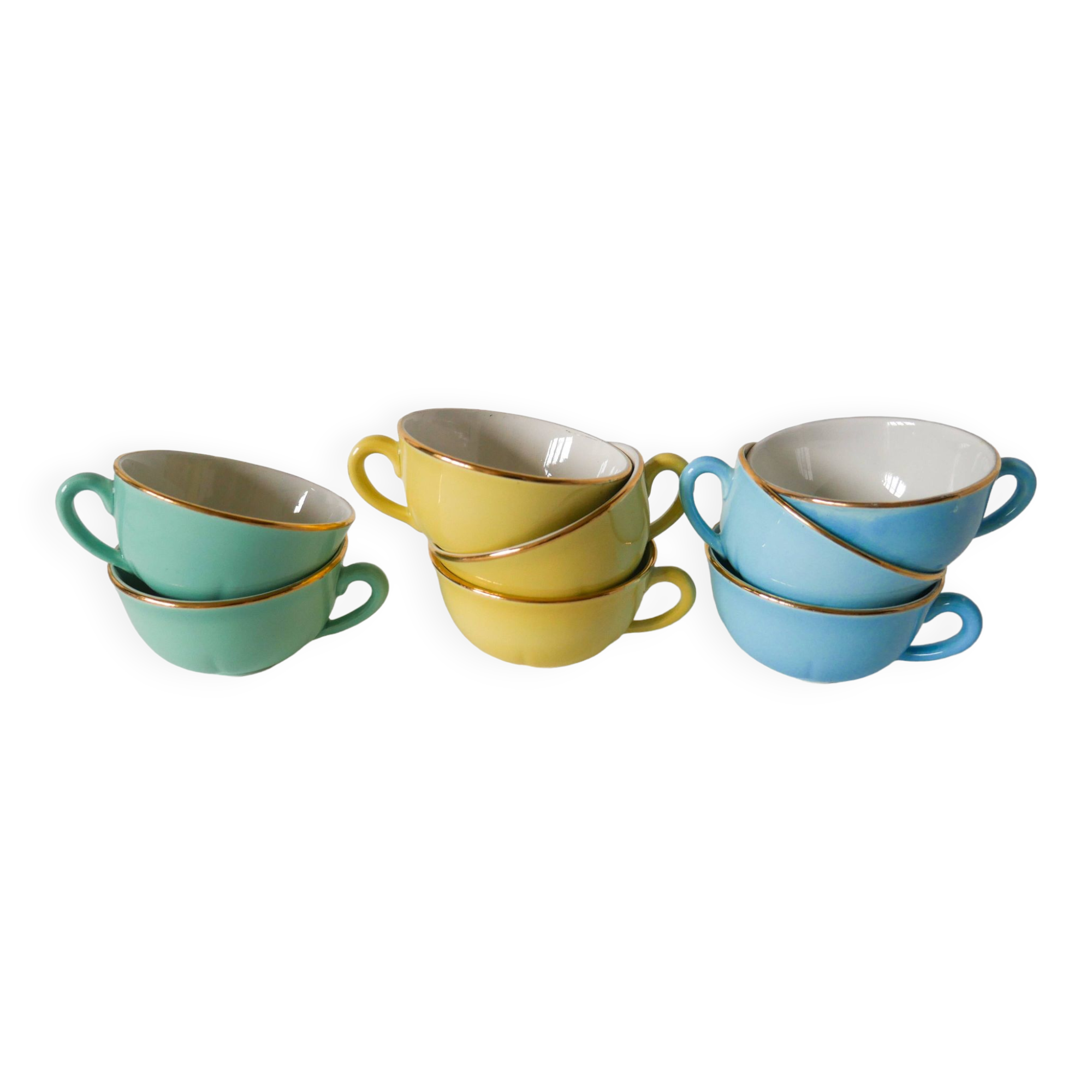 Set of 6 coffee cups fb badonviller pastel yellow green blue 1950