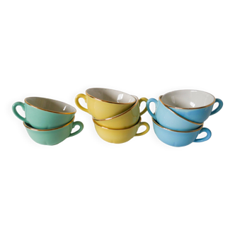 Set of 6 coffee cups fb badonviller pastel yellow green blue 1950