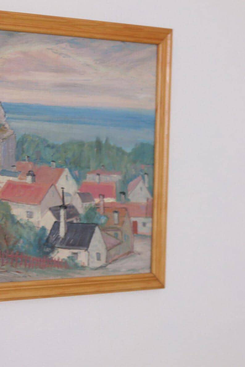 Swedish Oil on Panel “Village Scene” by E. R. Olsson, Vintage & Framed 54 × 66 cm