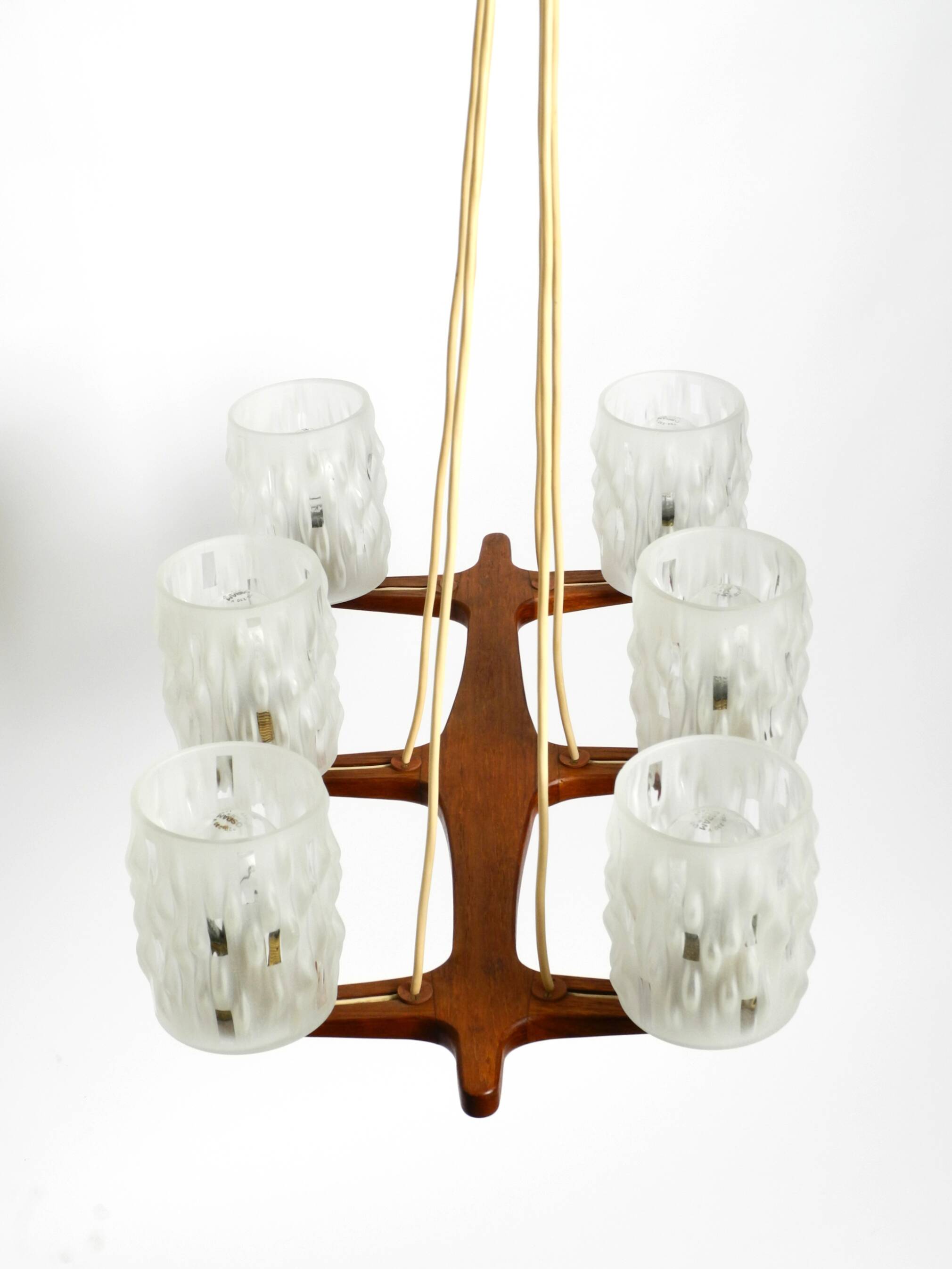 Beautiful 6-armed Scandinavian 1960s ceiling lamp made of teak and with gla