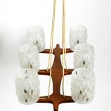 Beautiful 6-armed Scandinavian 1960s ceiling lamp made of teak and with gla
