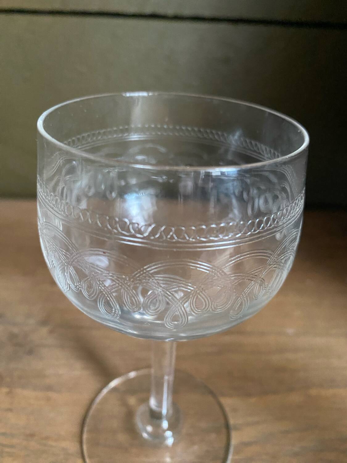 Set of 7 old etched glass stemware