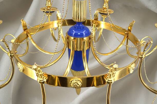 A True Gem, this Chandelier with Bright Gold Finish & Royal Blue in Bronze, Eight Lights.