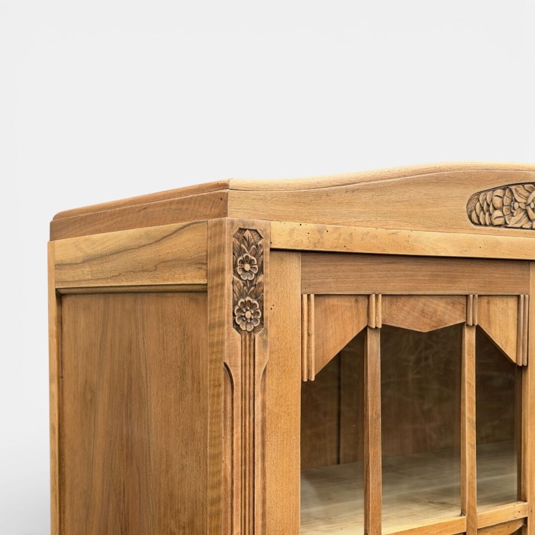 Parisian glass-fronted Art Deco wardrobe in solid raw walnut.