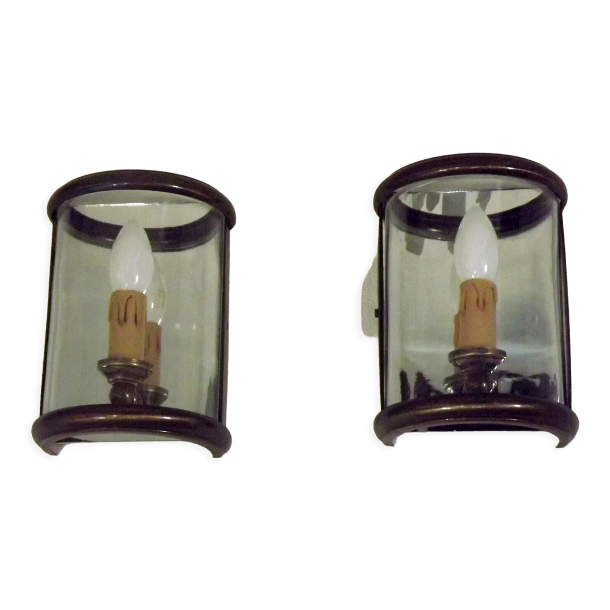Pair french country brass & curved glass wall lights mirrored back plate 3965
