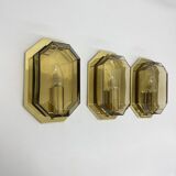 Set of 3 Limburg Glashütte smoked glass and brass wall lamps sconce , 1970s