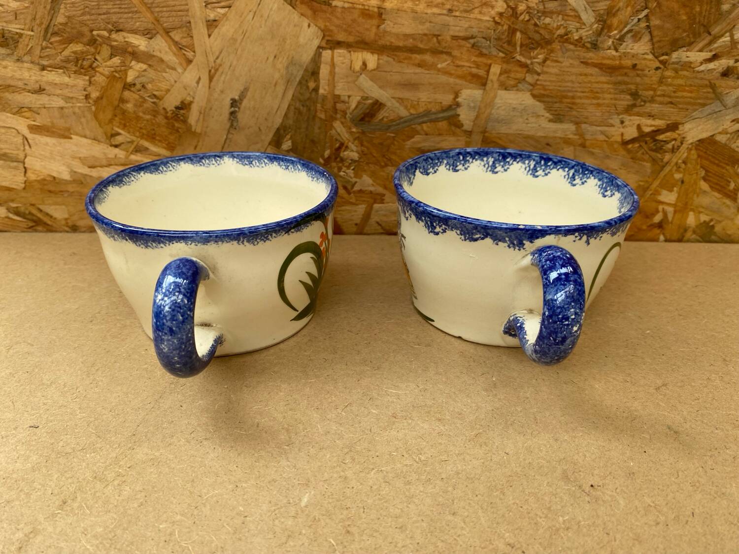 Pair antique quimper cb ceramic beige blue france cup #b287