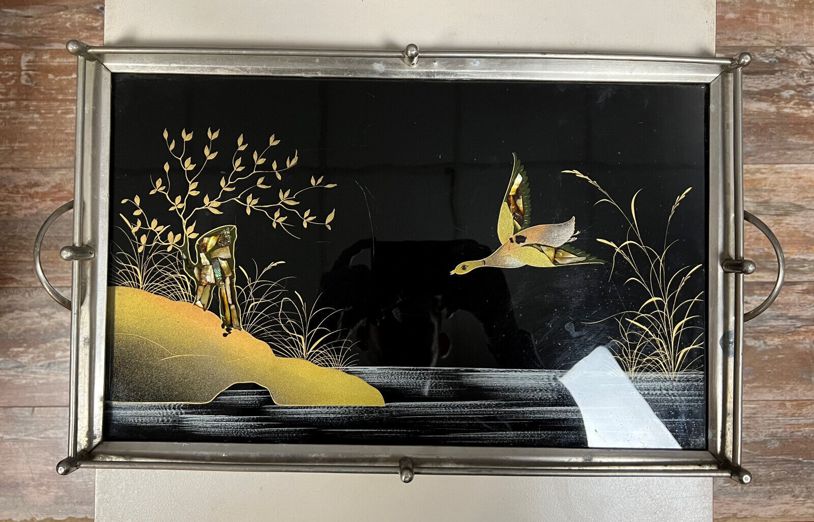 Art deco period serving tray with decoration fixed under glass