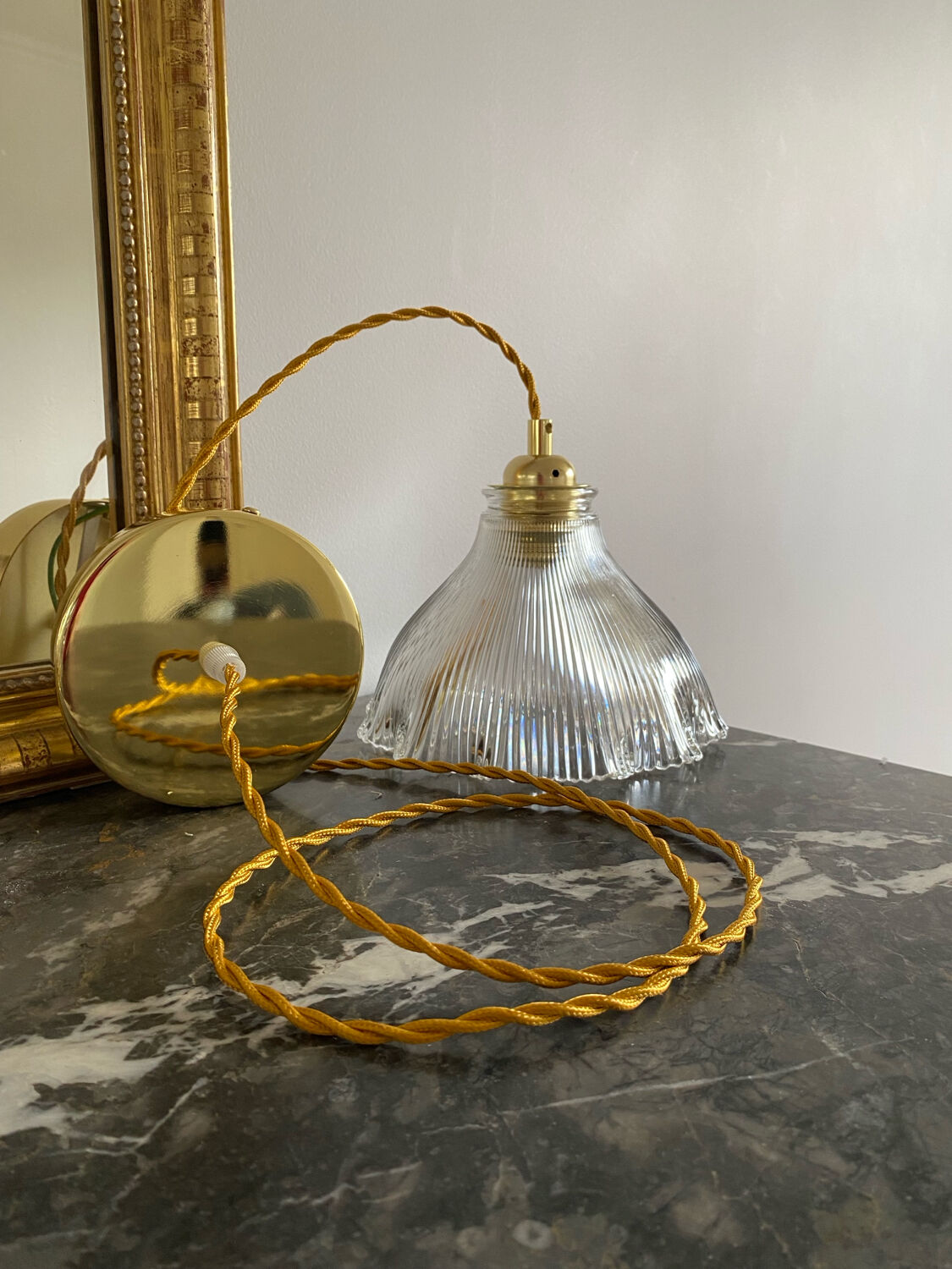 Vintage glass holophane pendant light