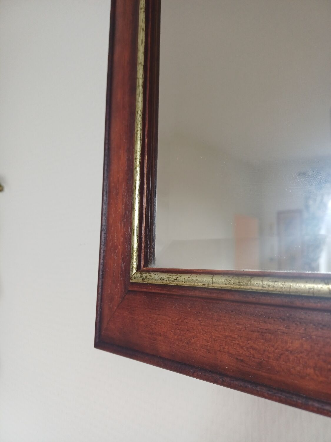 Vintage Cherry Wood Wall Mirror with Gilt Detail & Beveled Glass, 1980