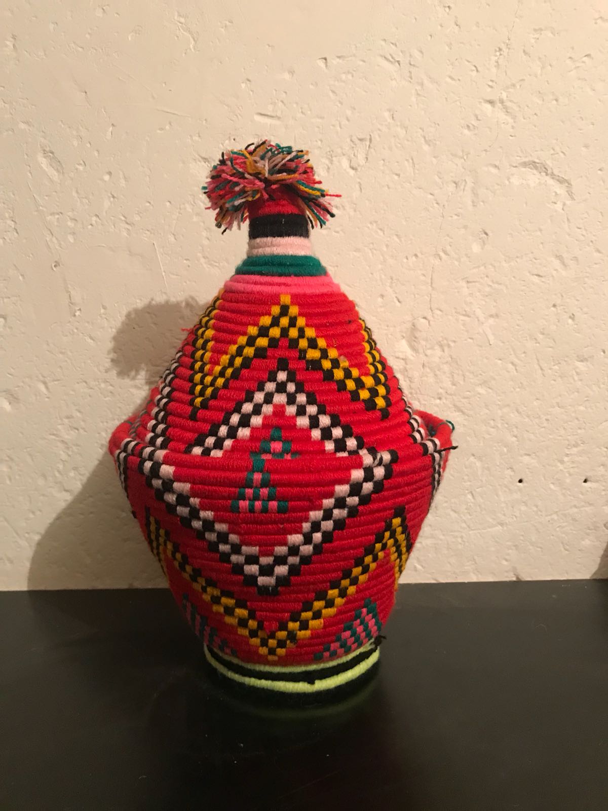 Berber wool and red and black raffia basket
