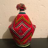 Berber wool and red and black raffia basket