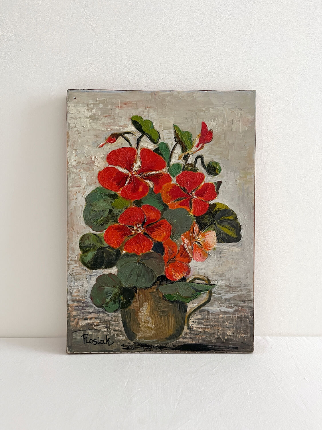 Peinture huile sur toile capucines fleurs vintage