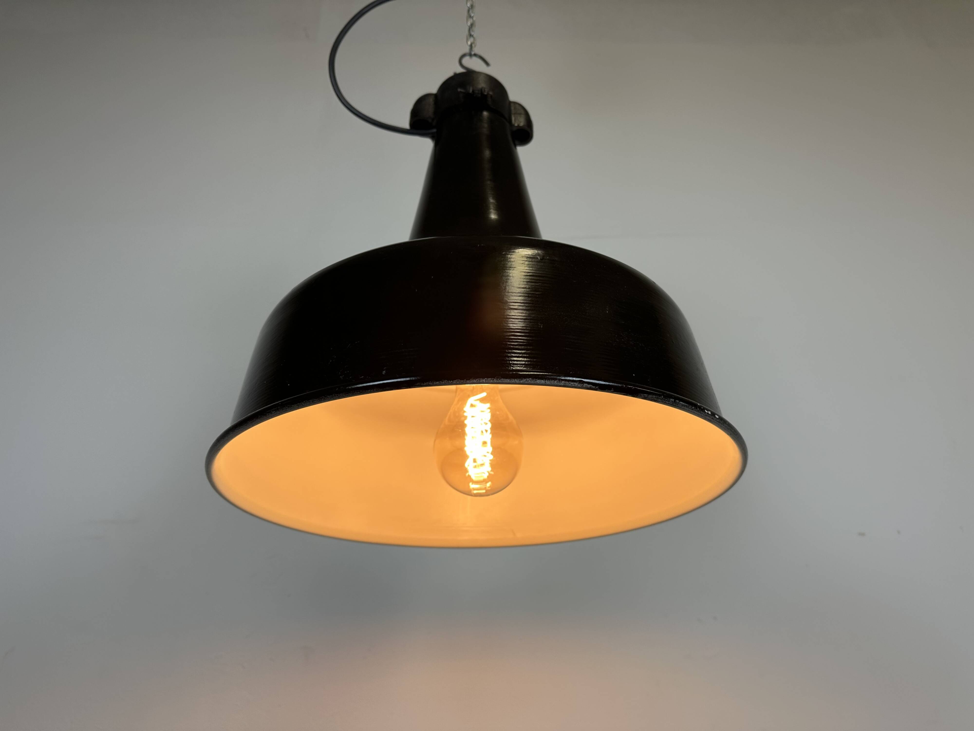 Industrial black pendant factory lamp with cast iron top, 1970s