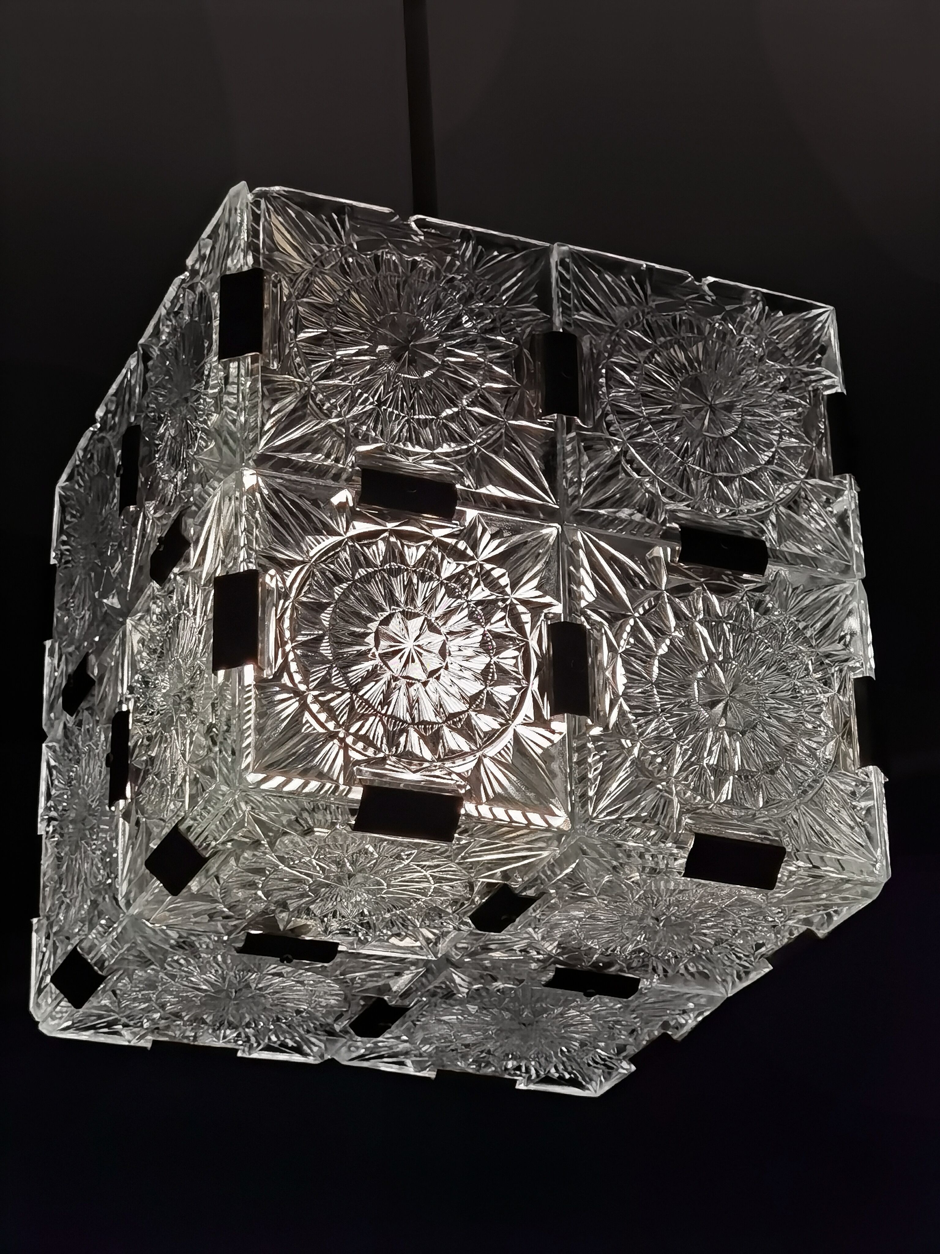 Glass faceted cube chandelier by Jaroslav Bejvl for Kamenicky Senov, year 1968