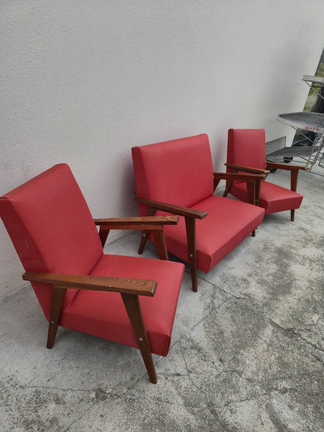 Vintage 1950s children's sofa and two armchairs with compass feet