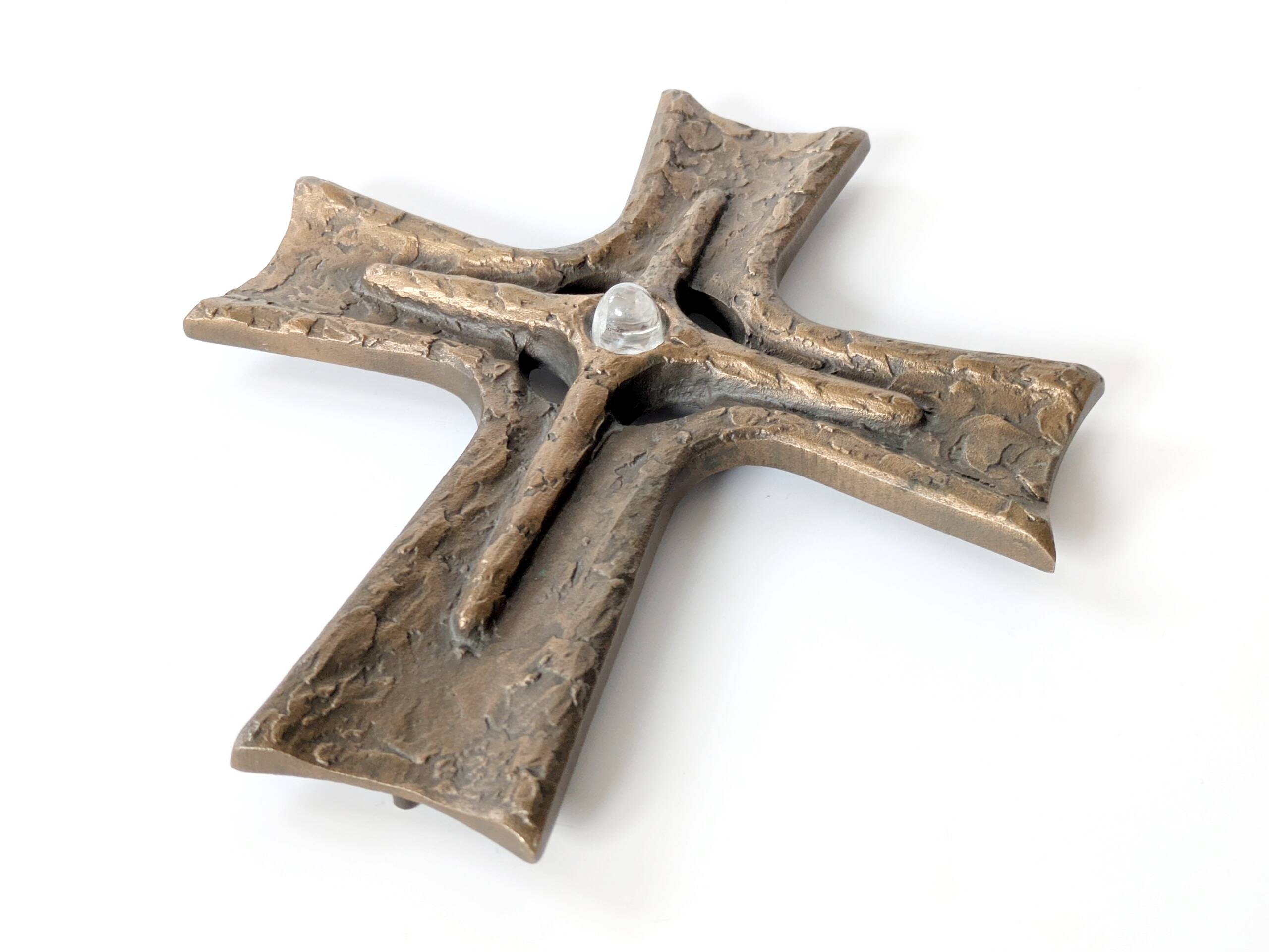 Vintage brutalist bronze crucifix, religious art from the 1950s