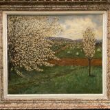 Old painting of apple trees in blossom in spring 20th century