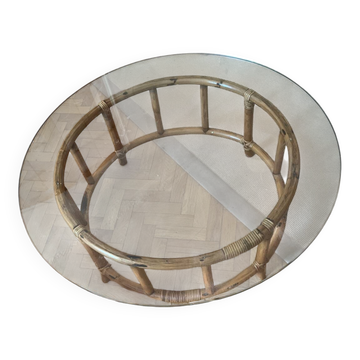 Table basse en rotin et verre fumé très épais