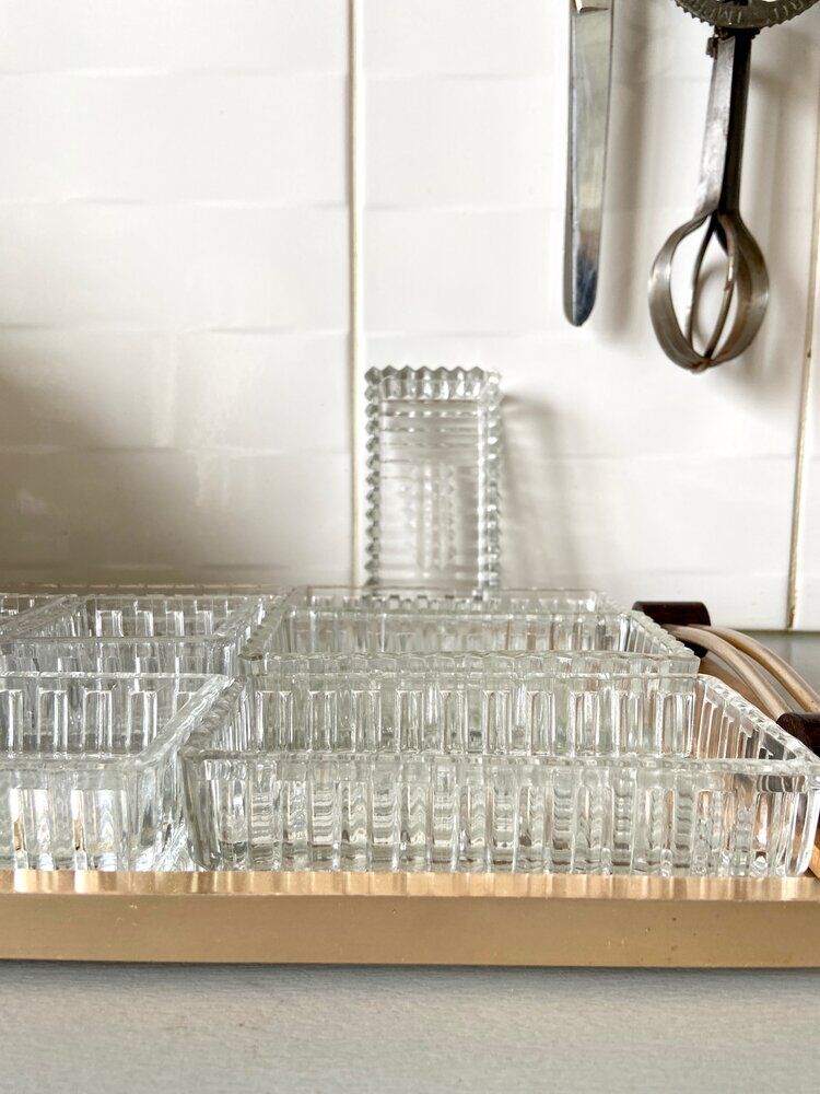 Wooden top and mirror and 8 glass ramekins