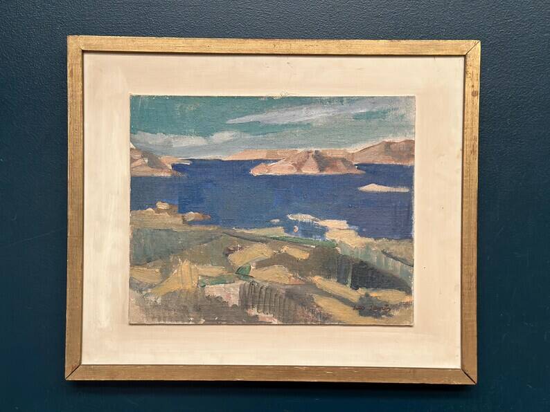 Original Swedish Oil on Panel - "Water Landscape" by Leo Janis - Signed - Vintage and Framed - 59 × 49 cm (23.2" × 19.2")