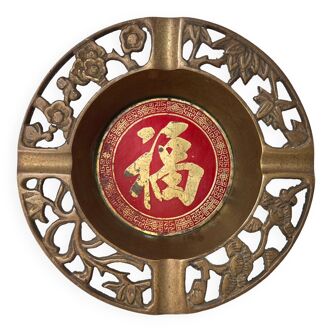 Vietnamese ashtray in openwork brass of plants (prunus, bamboo, orchid and pine) and enamelled metal