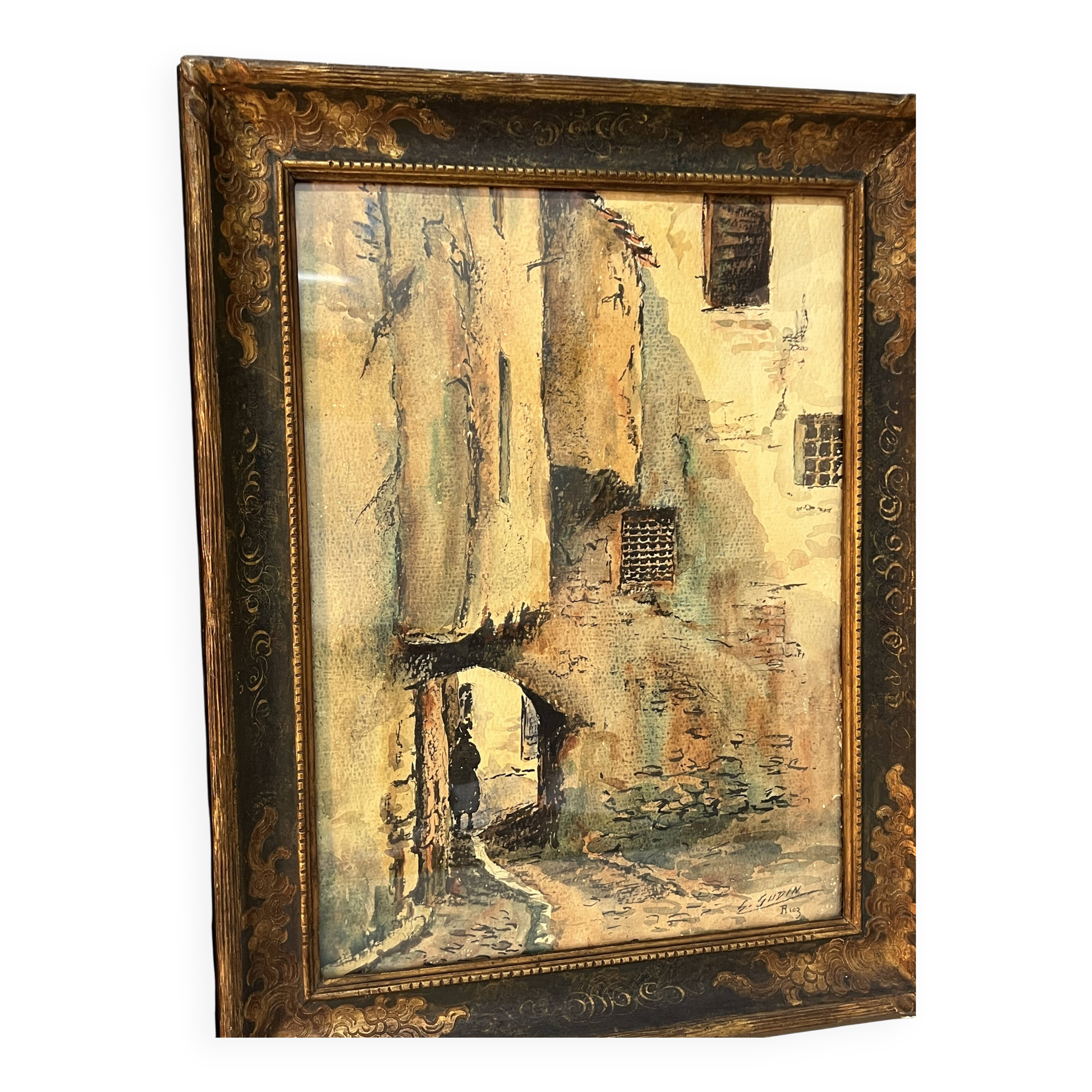 Watercolor by Emile Gudin (1874-1957), rue de Riez, southern town