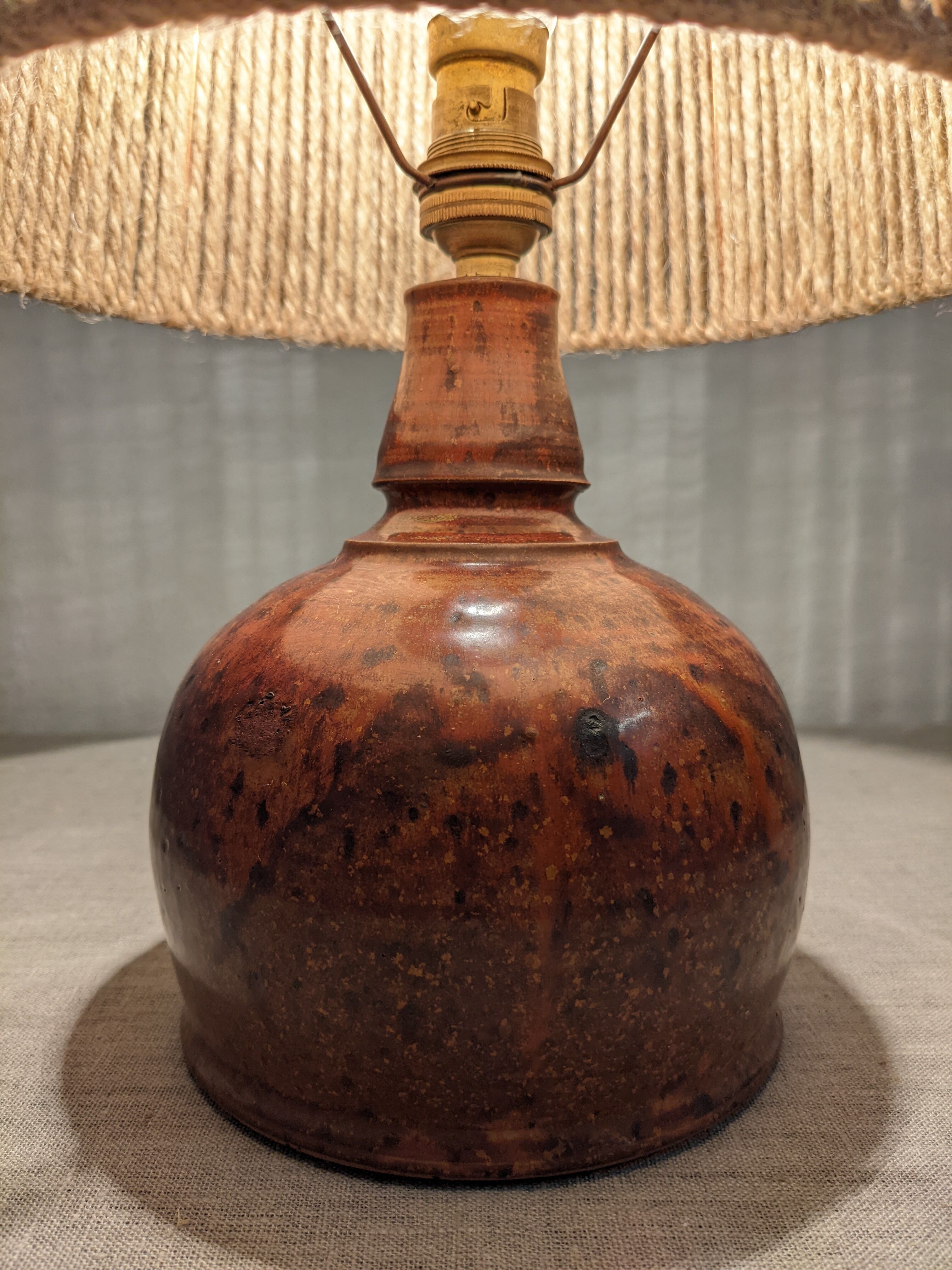 Vintage varnished stoneware lamp and jute rope