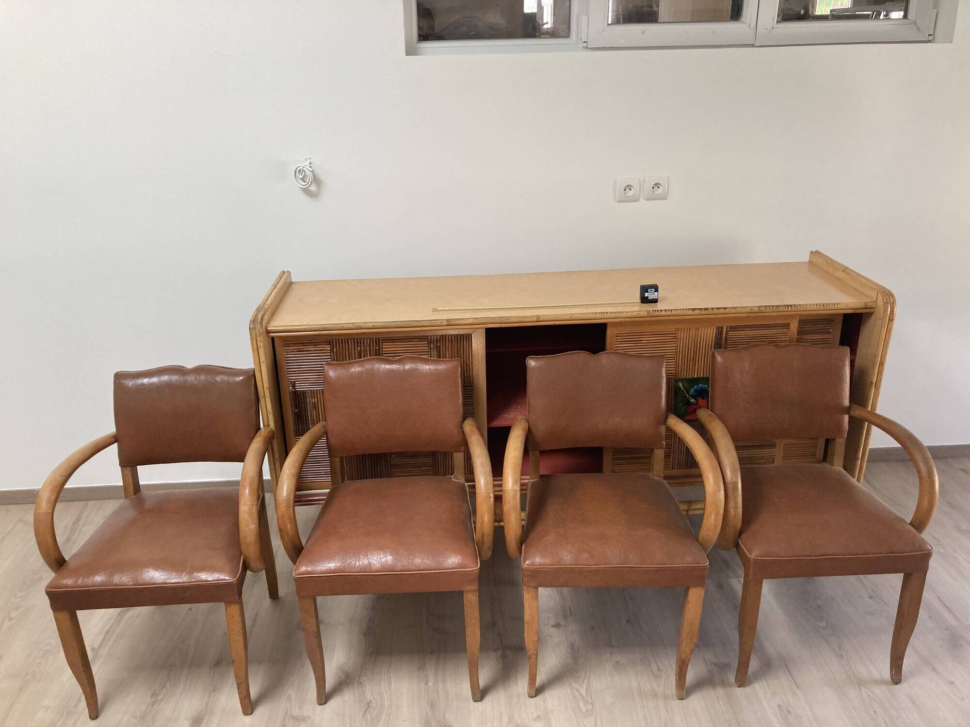 Set of 4 armchairs bridge leather and wood called "moustache" style art deco circa 1940
