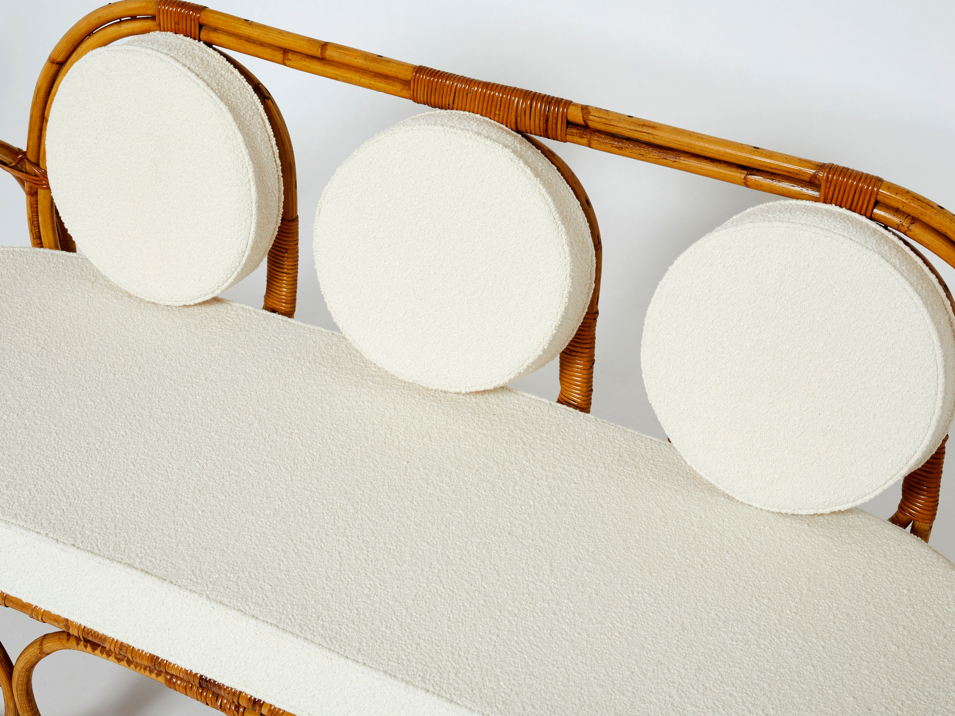 Sofa and italian poufs bamboo curly wool around 1960