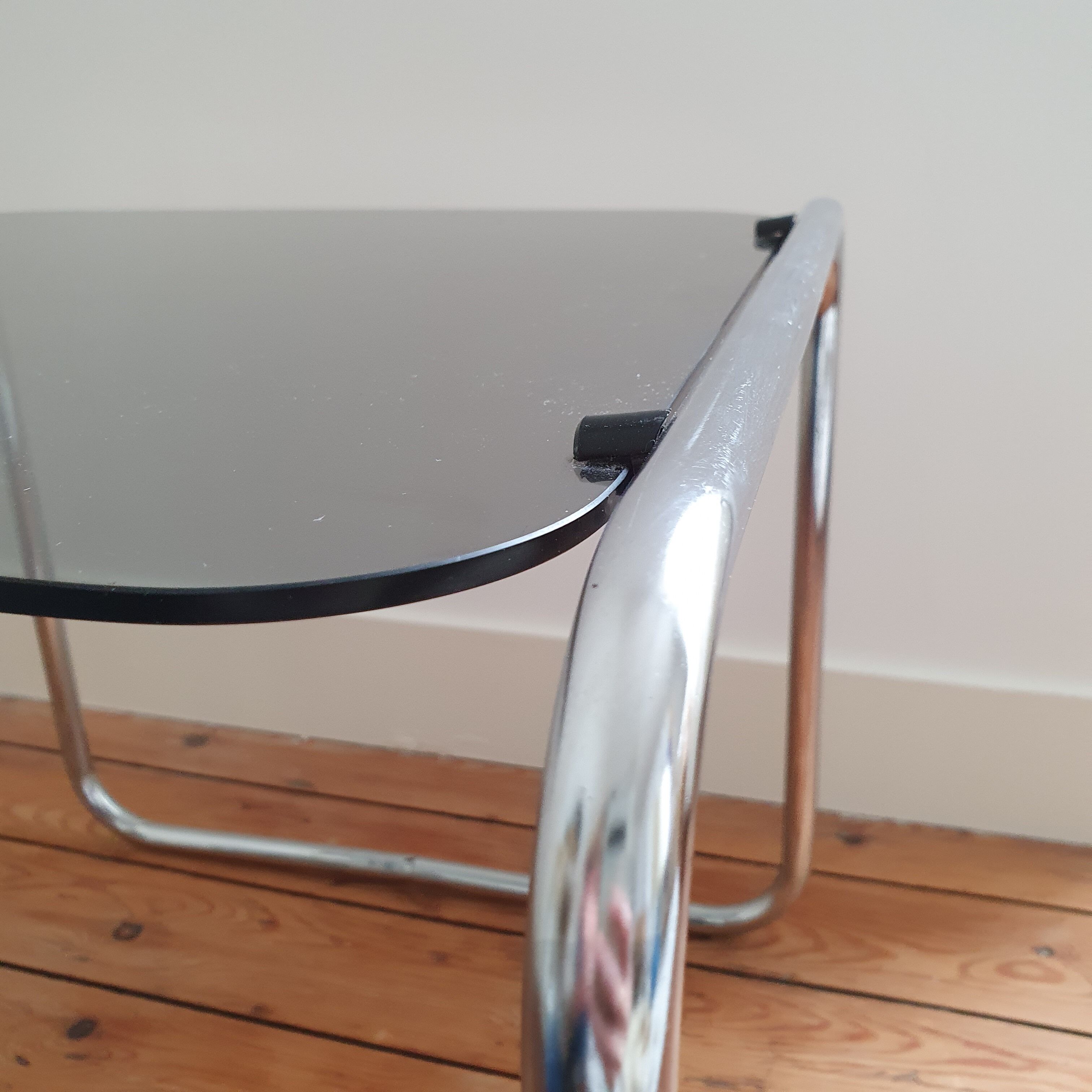 Side table chrome metal and smoked glass