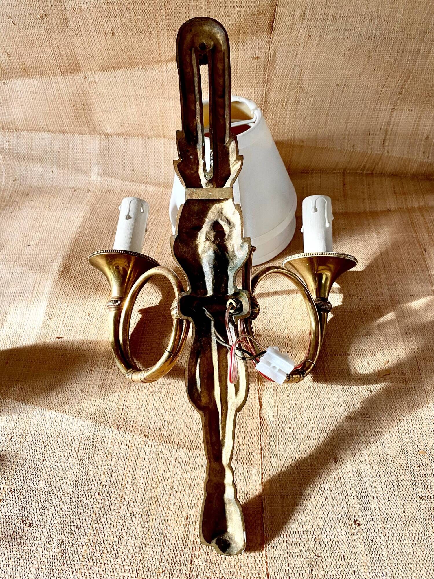 "50s hunting horn wall light, clip-on lampshades"