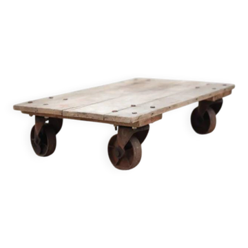 Vintage trolley coffee table, industrial wooden table on wheels, decor.