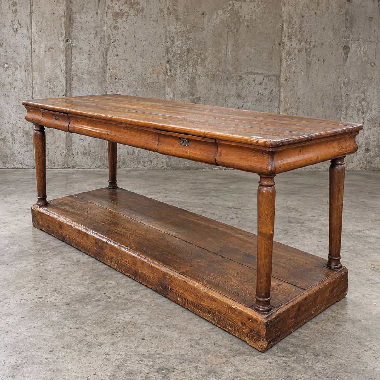 Antique French draper's table / 2 x drawers / Pinewood / 1900s