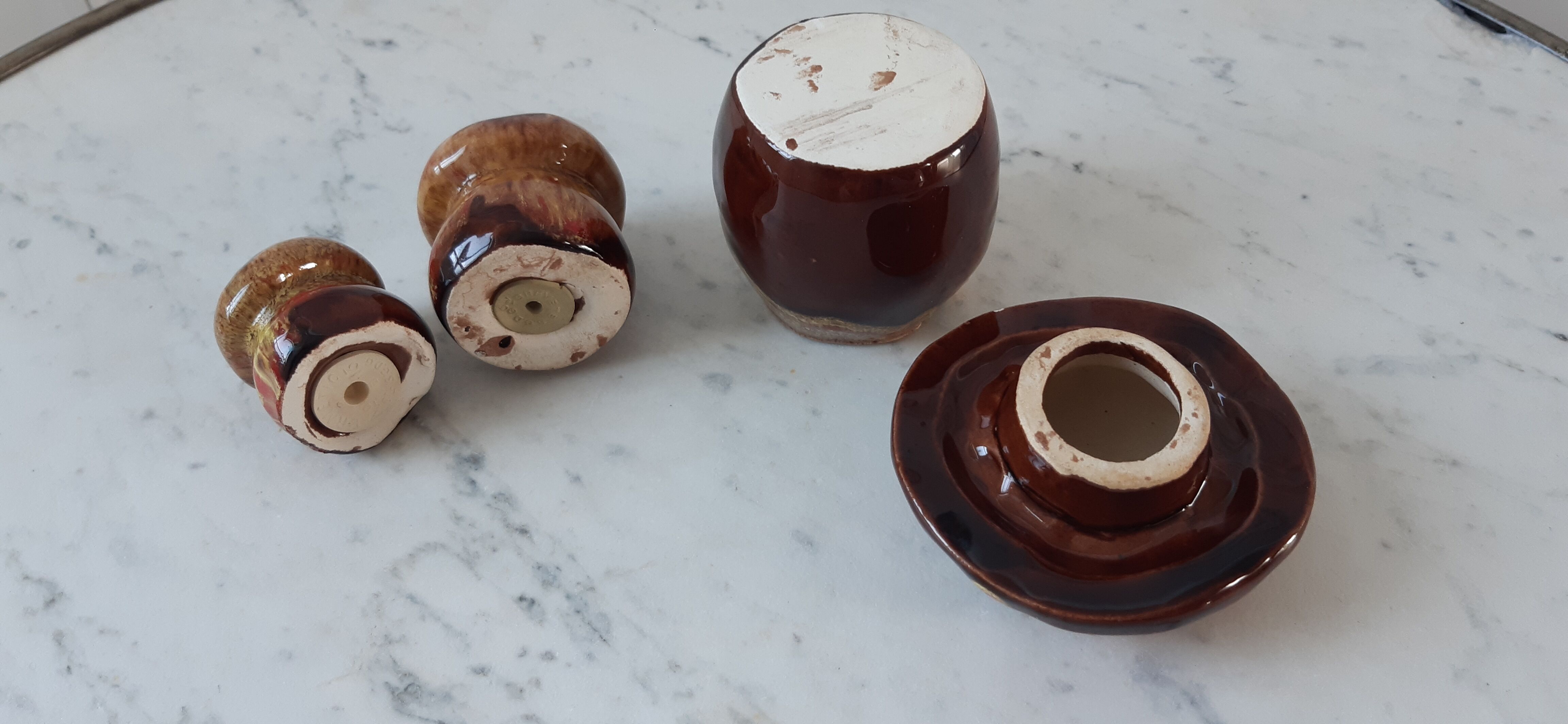 Ceramic salt/pepper trio in the 70s