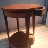 Round marquetry pedestal table with 2 shelves