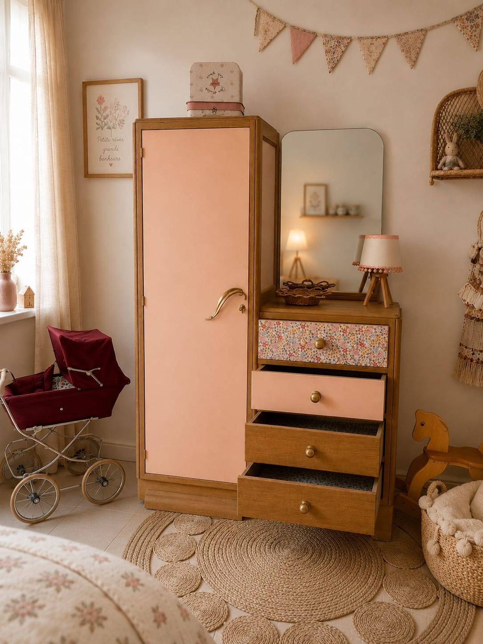 Asymmetrical floral wardrobe, natural oak & powder pink