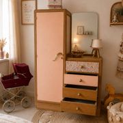 Asymmetrical floral wardrobe, natural oak & powder pink
