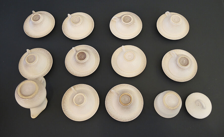 Former tea service in multicolored ceramics signed