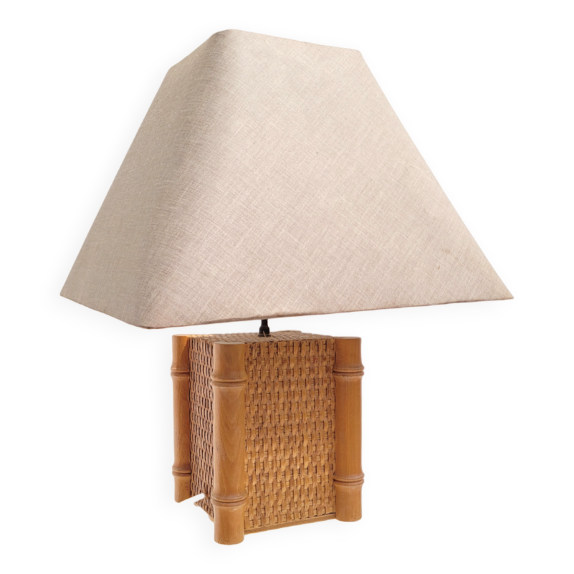 Vintage lamp 1980 bamboo foot and woven lampshade