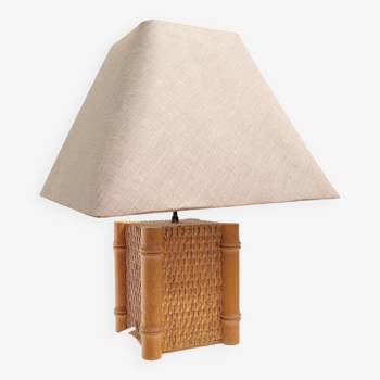 Vintage lamp 1980 bamboo foot and woven lampshade